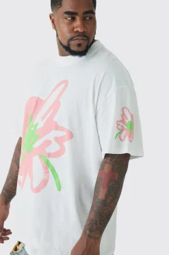Plus Oversized Floral Doodle Print T-shirt | BoohooMAN UK