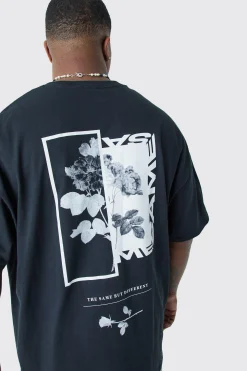 Plus Oversized Floral Photo Back Print T-shirt | BoohooMAN UK