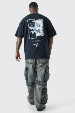 Plus Oversized Floral Photo Back Print T-shirt | BoohooMAN UK