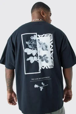 Plus Oversized Floral Photo Back Print T-shirt | BoohooMAN UK