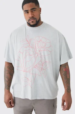 Plus Oversized Floral Stencil Print T-shirt In Grey | BoohooMAN UK