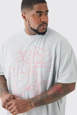 Plus Oversized Floral Stencil Print T-shirt In Grey | BoohooMAN UK