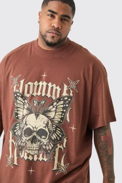 Plus Oversized Homme Skull Graphic T-shirt In Chocolate | BoohooMAN UK