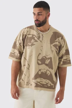 Plus Oversized Line Drawing Knitted T-shirt | BoohooMAN UK