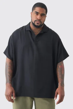 Plus Oversized Linen Revere Polo In Black | BoohooMAN UK