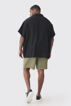 Plus Oversized Linen Revere Polo In Black | BoohooMAN UK