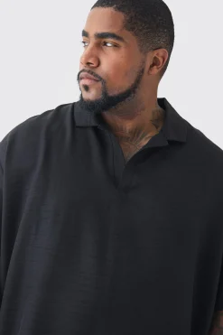 Plus Oversized Linen Revere Polo In Black | BoohooMAN UK