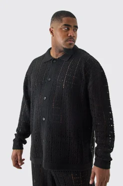 Plus Oversized Long Sleeve Crochet Knit Shirt In Black | BoohooMAN UK