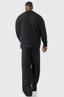 Plus Oversized Long Sleeve Crochet Knit Shirt In Black | BoohooMAN UK