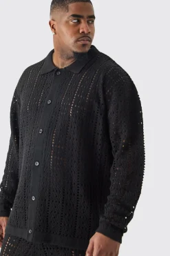 Plus Oversized Long Sleeve Crochet Knit Shirt In Black | BoohooMAN UK