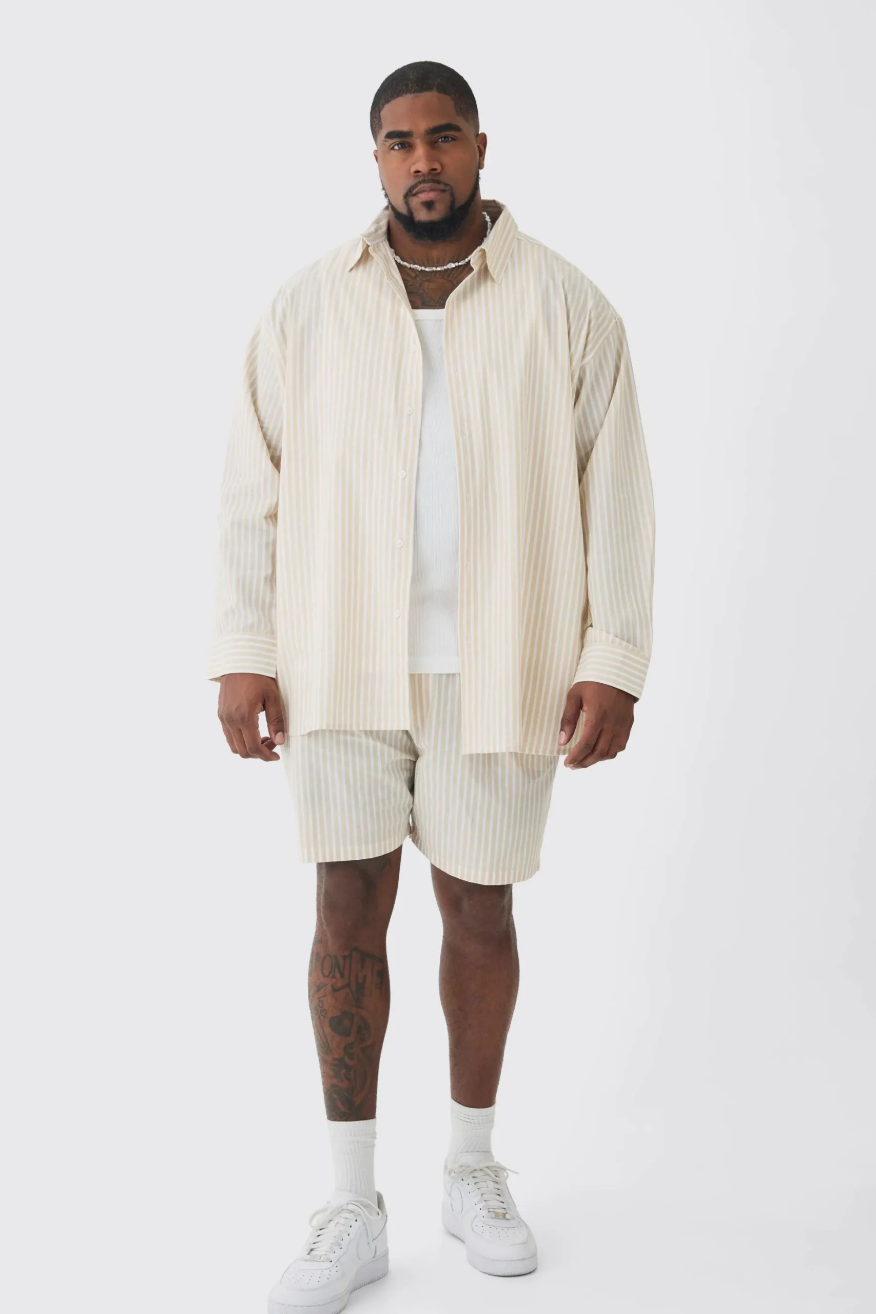 Plus Oversized Long Sleeve Striped Shirt Set In Stone | BoohooMAN UK