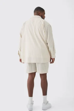 Plus Oversized Long Sleeve Striped Shirt Set In Stone | BoohooMAN UK