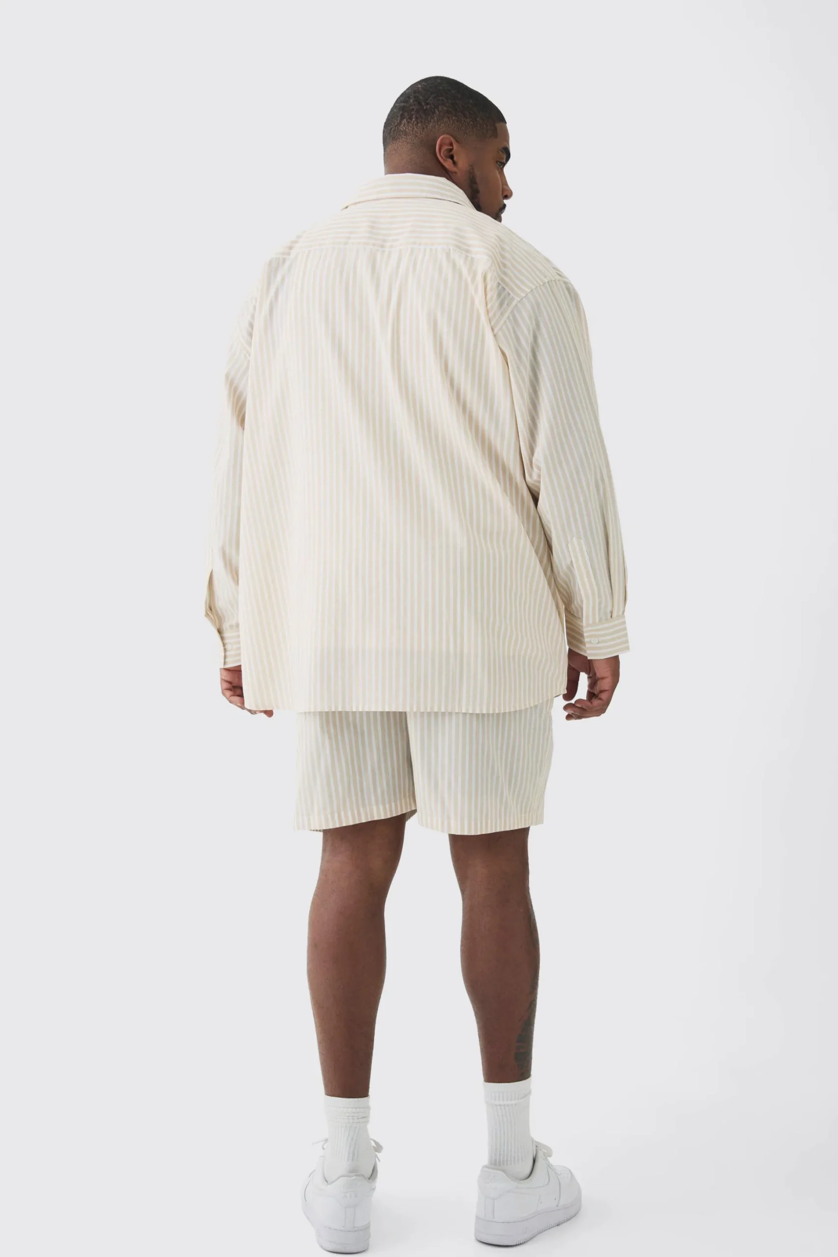 Plus Oversized Long Sleeve Striped Shirt Set In Stone | BoohooMAN UK