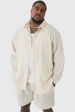 Plus Oversized Long Sleeve Striped Shirt Set In Stone | BoohooMAN UK