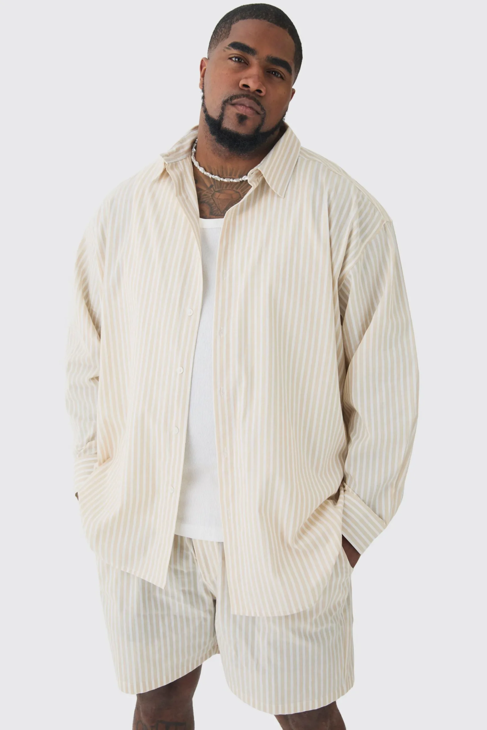 Plus Oversized Long Sleeve Striped Shirt Set In Stone | BoohooMAN UK