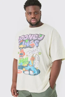Plus Oversized Looney Tunes License T-shirt Ecru | BoohooMAN UK