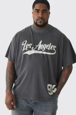 Plus Oversized Los Angeles Overdye Varsity Print T-shirt | BoohooMAN UK