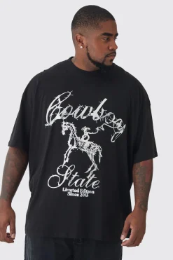 Plus Oversized Metallic Print Cowboy T-Shirt | BoohooMAN UK