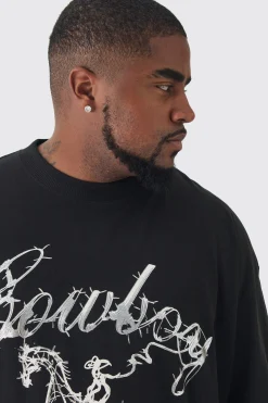 Plus Oversized Metallic Print Cowboy T-Shirt | BoohooMAN UK