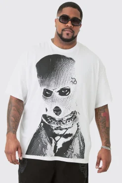 Plus Oversized Mono Balaclava Print T-shirt In White | BoohooMAN UK
