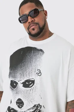 Plus Oversized Mono Balaclava Print T-shirt In White | BoohooMAN UK