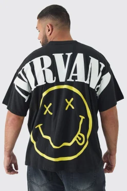 Plus Oversized Nirvana Over Seams License Print T-Shirt | BoohooMAN UK