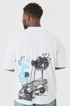 Plus Oversized OFCL Back Print Car T-shirt In White | BoohooMAN UK