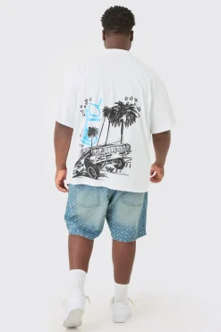 Plus Oversized OFCL Back Print Car T-shirt In White | BoohooMAN UK