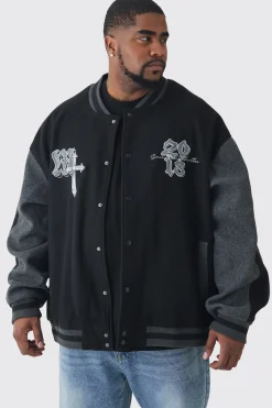 Plus Oversized Official Colour Block Varsity Jacket In Black | BoohooMAN UK