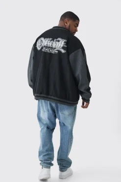 Plus Oversized Official Colour Block Varsity Jacket In Black | BoohooMAN UK