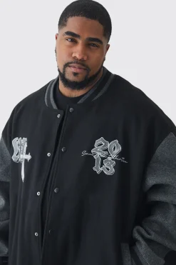 Plus Oversized Official Colour Block Varsity Jacket In Black | BoohooMAN UK