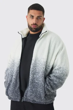 Plus Oversized Ombre Borg Funnel Neck Jacket In Black | BoohooMAN UK