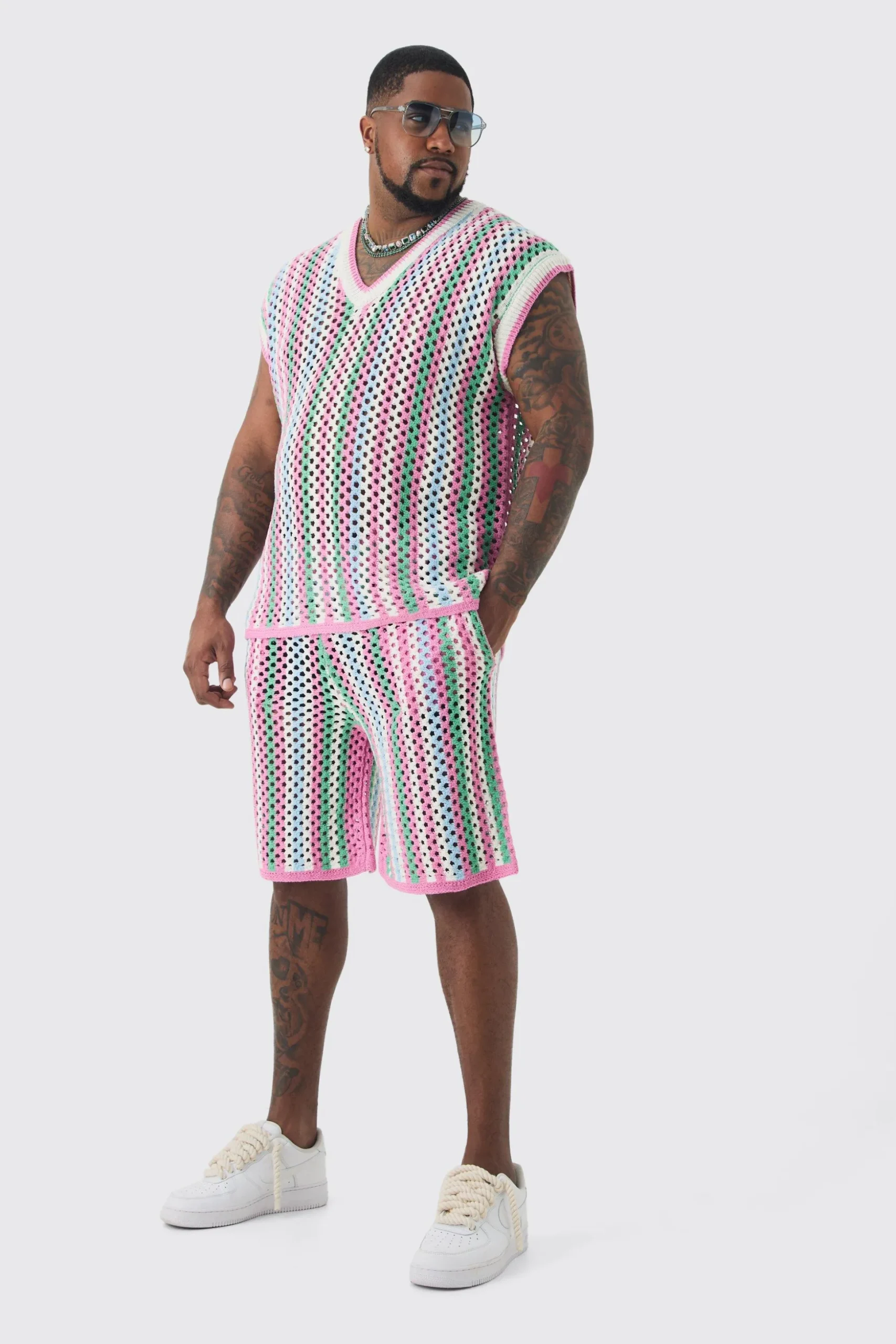 Plus Oversized Open Stitch Crochet Knitted Tank | BoohooMAN UK