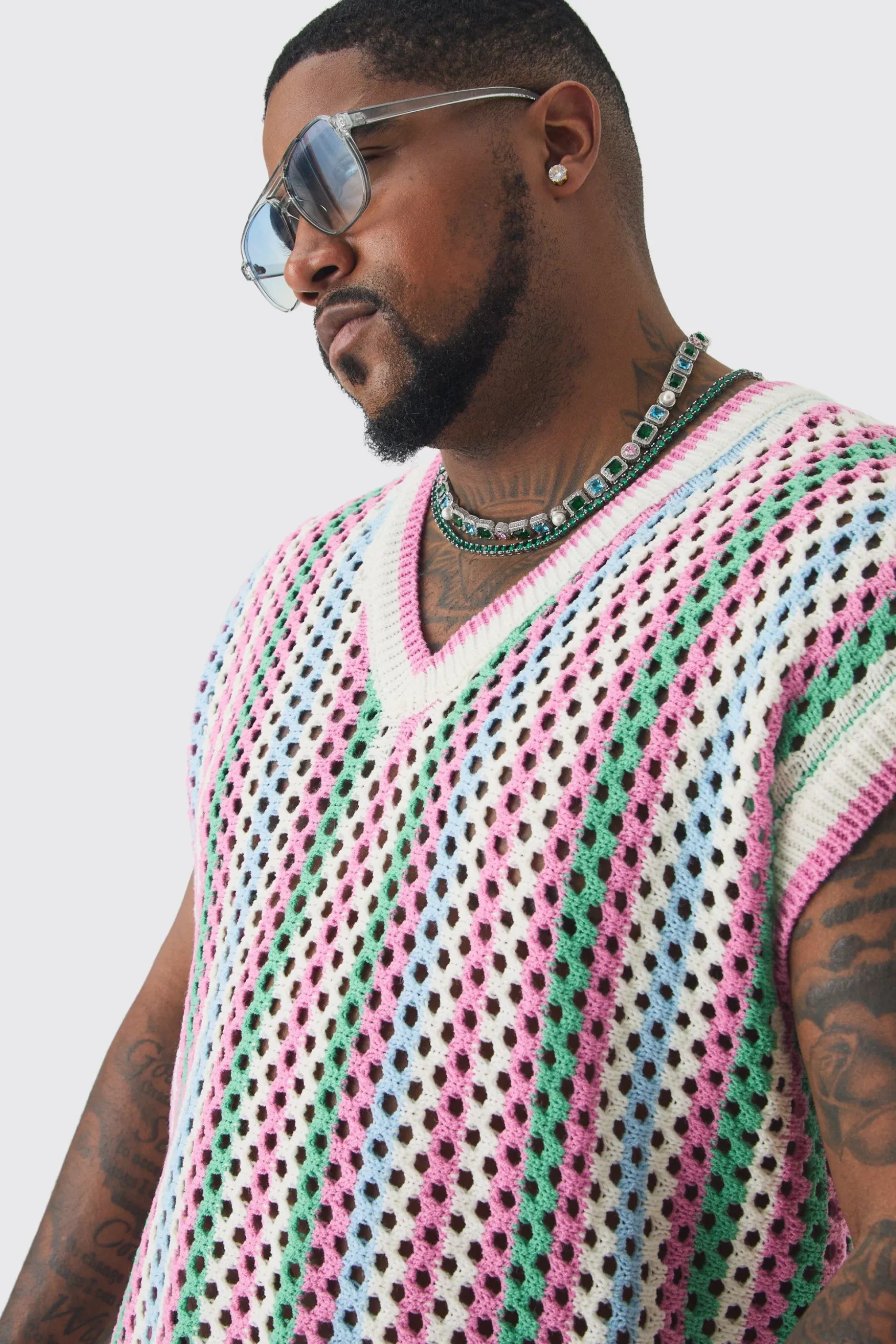 Plus Oversized Open Stitch Crochet Knitted Tank | BoohooMAN UK