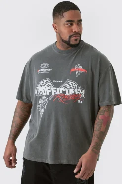 Plus Oversized Overdye Wash Moto Print T-shirt | BoohooMAN UK
