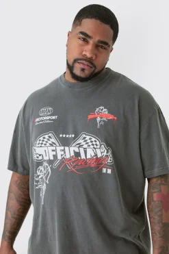Plus Oversized Overdye Wash Moto Print T-shirt | BoohooMAN UK