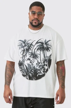 Plus Oversized Palm Renaissance Print T-shirt In White | BoohooMAN UK
