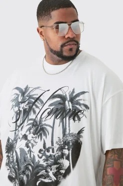 Plus Oversized Palm Renaissance Print T-shirt In White | BoohooMAN UK