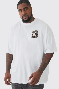 Plus Oversized Plus 13 Leopard Embroidered T-shirt In White | BoohooMAN UK