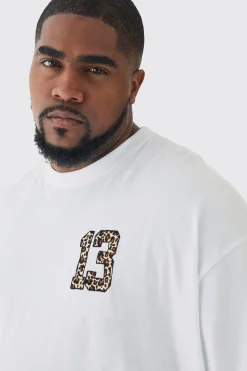 Plus Oversized Plus 13 Leopard Embroidered T-shirt In White | BoohooMAN UK