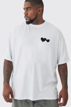 Plus Oversized Plus Black Heart Embroidered T-shirt In White | BoohooMAN UK