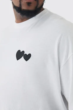 Plus Oversized Plus Black Heart Embroidered T-shirt In White | BoohooMAN UK