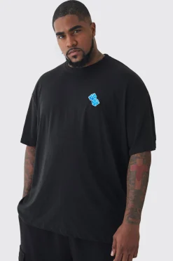 Plus Oversized Plus Blue Dice Embroidered T-shirt In Black | BoohooMAN UK