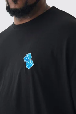 Plus Oversized Plus Blue Dice Embroidered T-shirt In Black | BoohooMAN UK