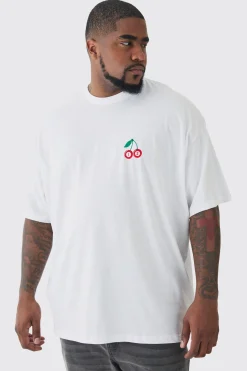 Plus Oversized Plus Cherry Embroidered T-shirt In White | BoohooMAN UK