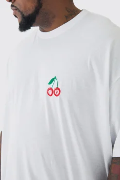 Plus Oversized Plus Cherry Embroidered T-shirt In White | BoohooMAN UK
