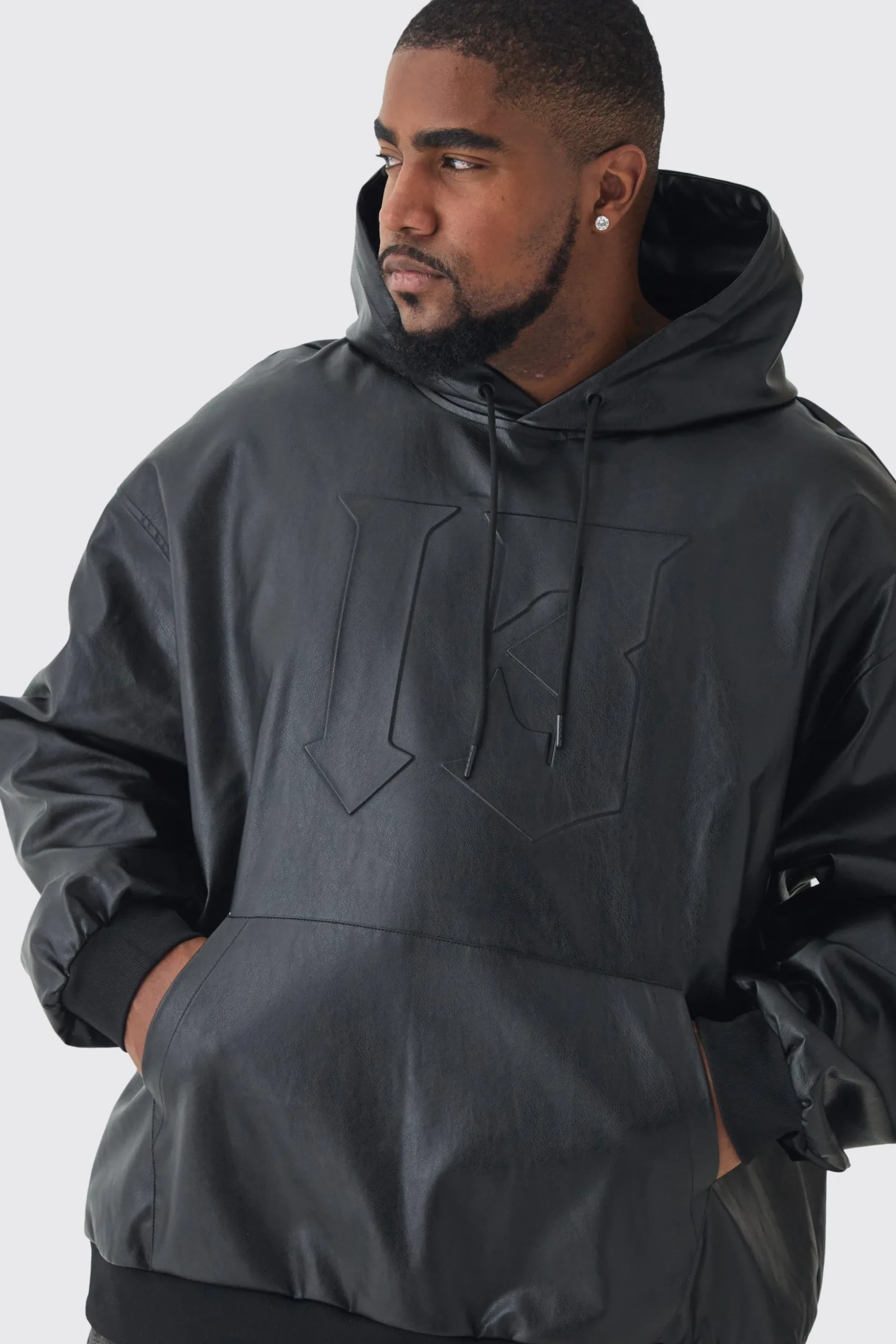 Plus Oversized Pu Drop Shoulder Embossed Hoodie | BoohooMAN UK