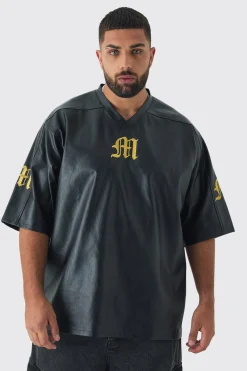 Plus Oversized PU Raglan Embroidered Varsity Shirt | BoohooMAN UK