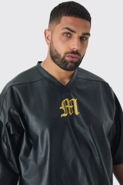 Plus Oversized PU Raglan Embroidered Varsity Shirt | BoohooMAN UK