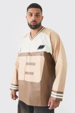 Plus Oversized PU Raglan Embroidered Varsity Shirt | BoohooMAN UK